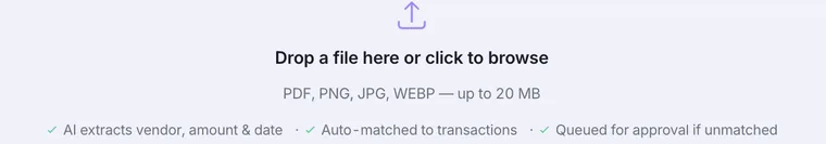 Document upload area noting that AI extracts vendor, amount and date, auto-matches to transactions, and queues unmatched items for approval