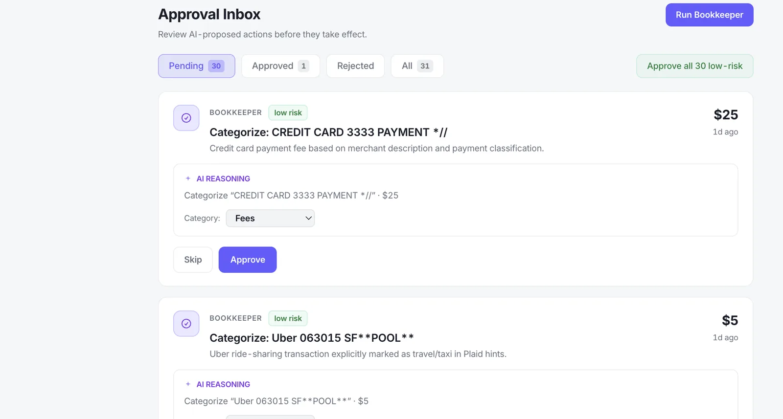 Claremo approval inbox showing AI-proposed bookkeeping categorizations, each with its reasoning, a risk level, and skip or approve controls